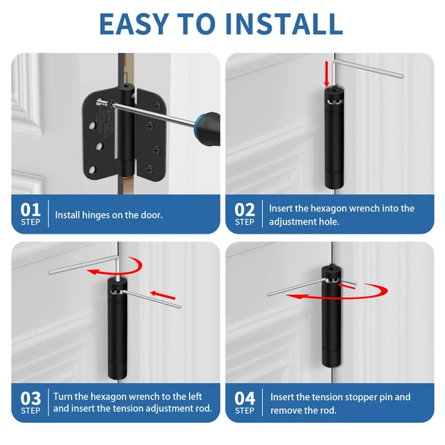 Alt view image 5 of 7 - 4 Inch Self Closing Door Hinges, 5/8" Radius Corners Spring Loaded Hinges for Exterior, Garage, Front and Back Door, UL Listed, for Left and Right Hand Door, Matte Black, 6 Pack
