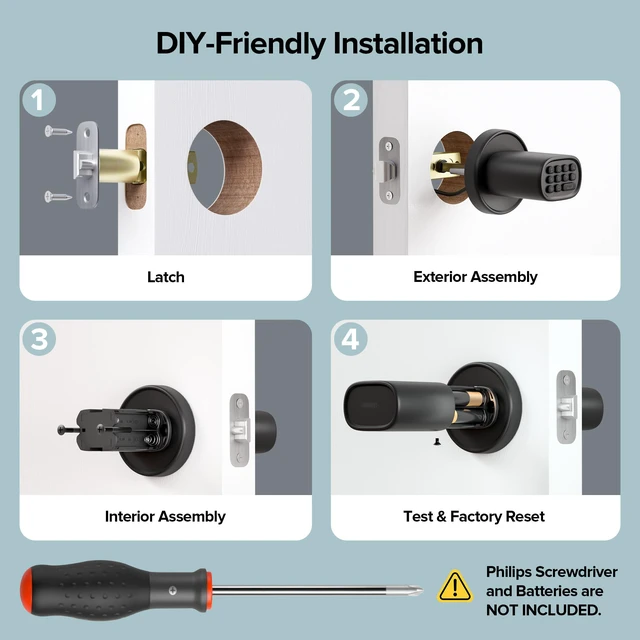 Alt view image 6 of 7 - M1 Door Knob with Keypad Keyless Entry for Interior, Black 4x AA Alkaline Batteries, Electric Door Hanlde, Auto-Lock, for Bedroom, Garage, Office, Pantry Door, Interior Door Lock