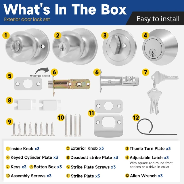 Alt view image 6 of 7 - Keyed Same Exterior Door Lock Set, Front Door Lock Set, Satin Nickel, 3Pack Single Cylinder Deadbolt Lock and Door Knob Set, Keyed Alike Entry Door Knobs with Lock and Keys for Entrance and Front Door