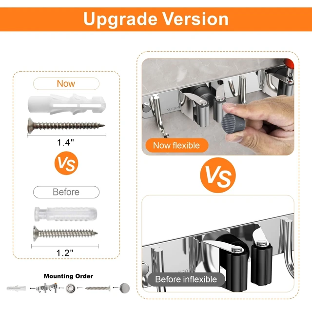 Alt view image 7 of 7 - Broom and Mop Organizer Wall Hanging for Laundry Room Organization Stainless Steel Broom Hanger Wall Mount, Upgraded Mop and Broom Holder Wall Mount, 5 Racks with 4 Hooks