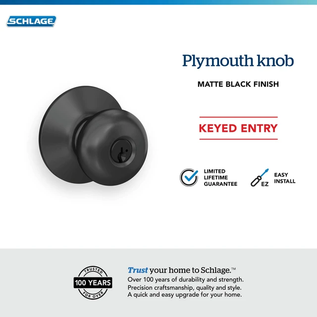 Alt view image 5 of 7 - Plymouth Keyed Entry Door Knob, Interior/Exterior, Matte Black Keyed entry door knob with turn-button lock, Easy to install, Certified security & durability, Universal fit, 2 keys