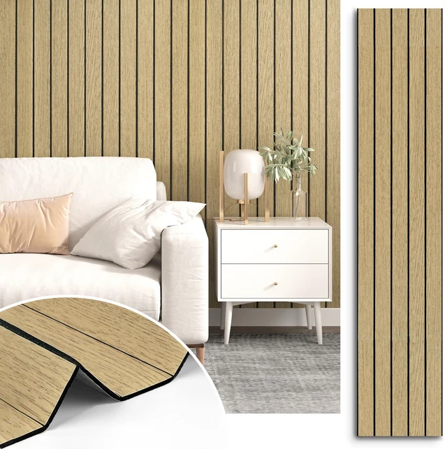 Main image of Peel and Stick Beige Wood Panels for Interior Wall Decor 3D Textured Wood Acoustic Wall Panels Self Adhesive Soundproof Wooden Slats Panel Wallpaper for Bedroom Bathroom Ceiling 23.6"x118"