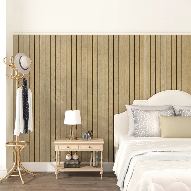 Alt view image 4 of 7 - Peel and Stick Beige Wood Panels for Interior Wall Decor 3D Textured Wood Acoustic Wall Panels Self Adhesive Soundproof Wooden Slats Panel Wallpaper for Bedroom Bathroom Ceiling 23.6"x118"