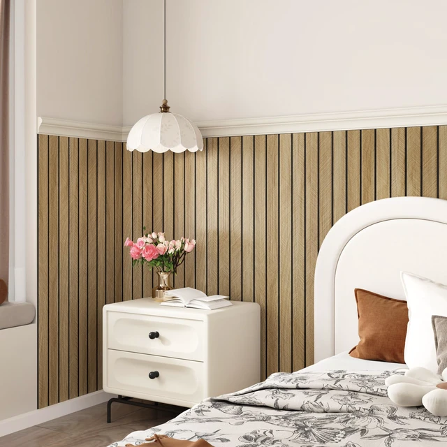 Alt view image 3 of 7 - Brown 3D Wood Slat Panels for Walls Acoustic Slat Wall Paneling Peel and Stick Wood Panels Self Adhesive Textured Wooden Slats Wallpaper for Bedroom Living Room Ceilings 23.6" x 118"