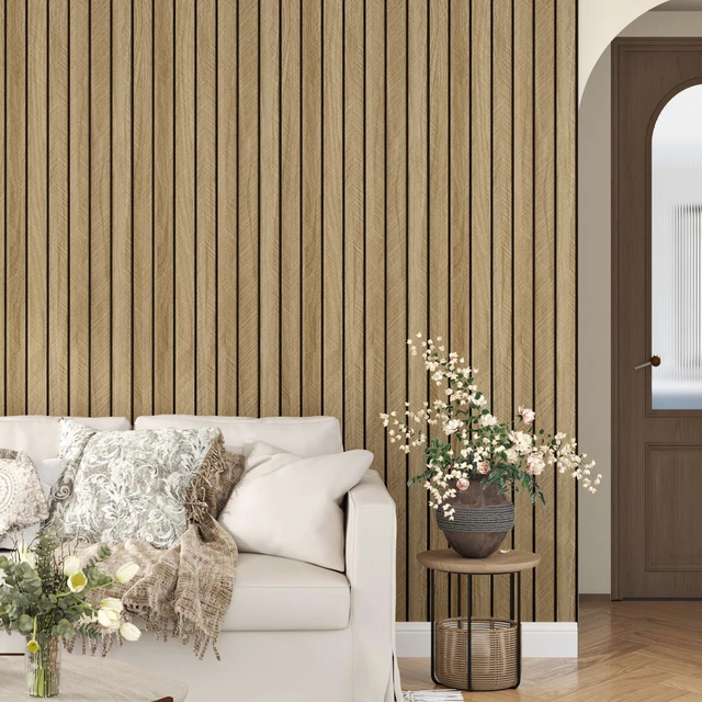 Alt view image 2 of 7 - Brown 3D Wood Slat Panels for Walls Acoustic Slat Wall Paneling Peel and Stick Wood Panels Self Adhesive Textured Wooden Slats Wallpaper for Bedroom Living Room Ceilings 23.6" x 118"