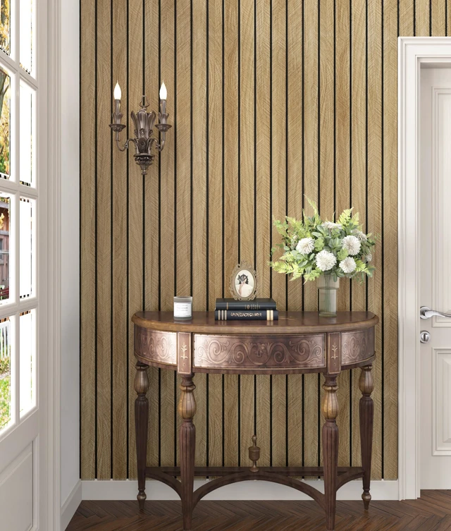 Alt view image 4 of 7 - Brown 3D Wood Slat Panels for Walls Acoustic Slat Wall Paneling Peel and Stick Wood Panels Self Adhesive Textured Wooden Slats Wallpaper for Bedroom Living Room Ceilings 23.6" x 118"