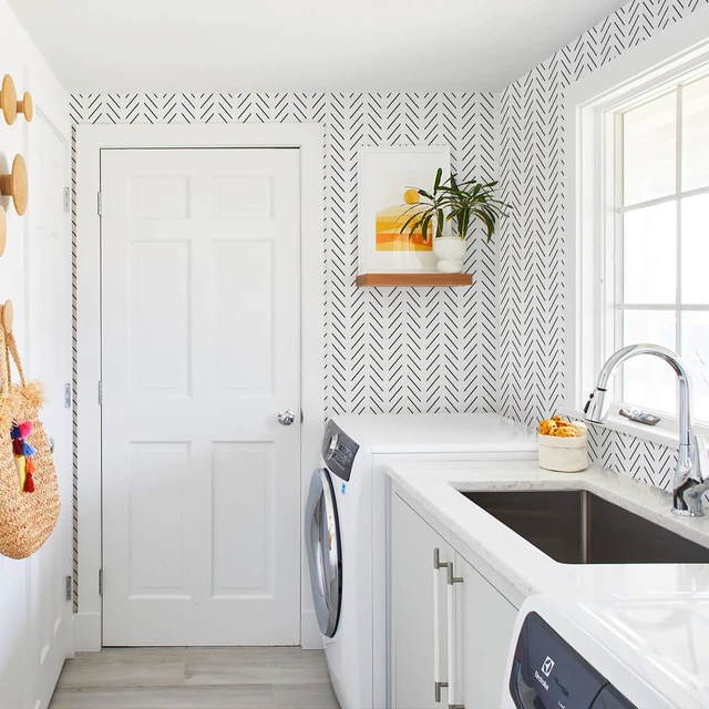 Alt view image 3 of 7 - Black and White Wallpaper Peel and Stick Wallpaper Modern Herringbone Contact Paper for Bathroom 17.7in x 393.7in Geometric Self Adhesive Wall Paper for Bedroom Living Room Removable