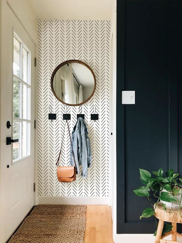 Alt view image 4 of 7 - Black and White Wallpaper Peel and Stick Wallpaper Modern Herringbone Contact Paper for Bathroom 17.7in x 393.7in Geometric Self Adhesive Wall Paper for Bedroom Living Room Removable