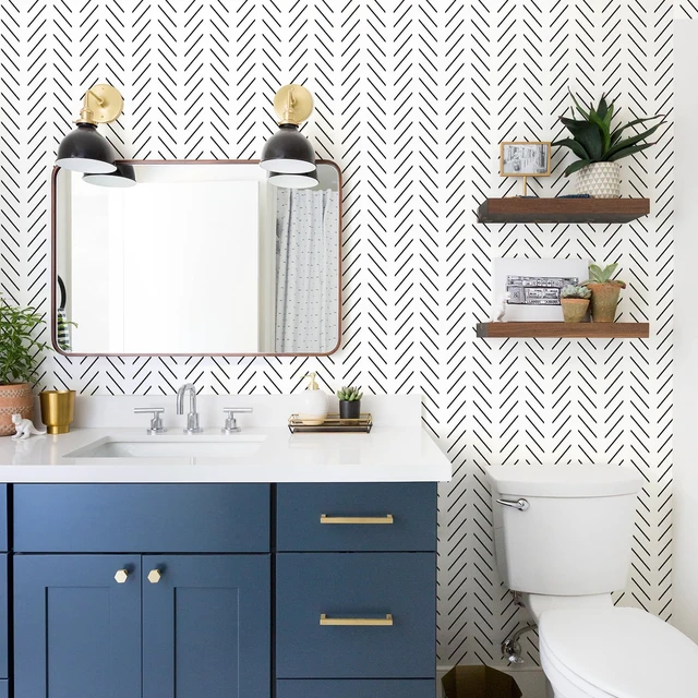 Alt view image 5 of 7 - Black and White Wallpaper Peel and Stick Wallpaper Modern Herringbone Contact Paper for Bathroom 17.7in x 393.7in Geometric Self Adhesive Wall Paper for Bedroom Living Room Removable