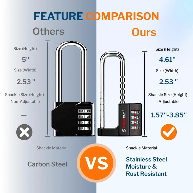 Alt view image 3 of 7 - Combination Lock, Black, 2 Locks 4-Digit Heavy Duty, Adjustable Long Shackle 1.57"-3.85", Waterproof, Zinc Alloy, For Outdoor Gate, Fence, Gym Locker, Toolbox