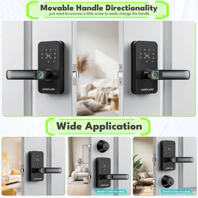Alt view image 7 of 7 - WiFi Keyless Entry Door Lock with Handle,Door Locks for Front Door,Deadbolt Fingerprint Door Knob, Keypad Deadbolt with App Remote/WiFi/Key/IC Card/ Passcode, Smart Lock & Front Door Handle-Black