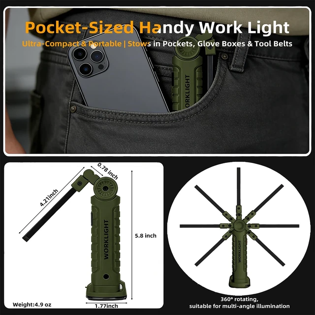 Alt view image 4 of 7 - LED Work Light Rechargeable Flashlight, Tool Gifts for Fathers Day Dad Husband Men Boyfriends Him Mechanic Grill Light Inspection Lamp Magnetic Base 5 Modes 360° Rotate Car Emergency Repair 4PCS