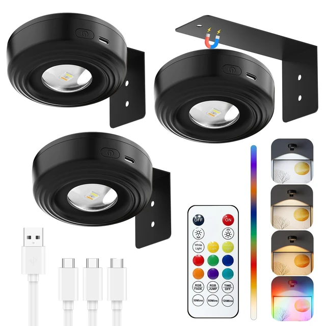 Main image of 3.3" Picture Lights for Wall Spotlight, 2000mAh Rechargeable, 3Pack, Black RGB & 3-Color-TempRemote & Touch ControlMagnetic Lights for Photo FramesWireless Art Painting LightingBattery Operated
