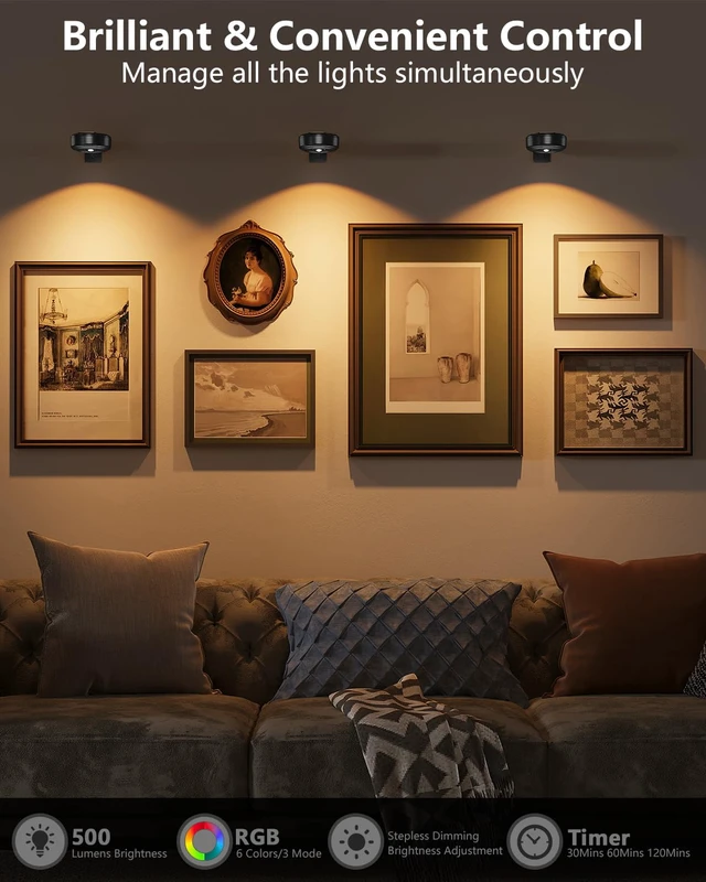 Alt view image 2 of 7 - 3.3" Picture Lights for Wall Spotlight, 2000mAh Rechargeable, 3Pack, Black RGB & 3-Color-TempRemote & Touch ControlMagnetic Lights for Photo FramesWireless Art Painting LightingBattery Operated