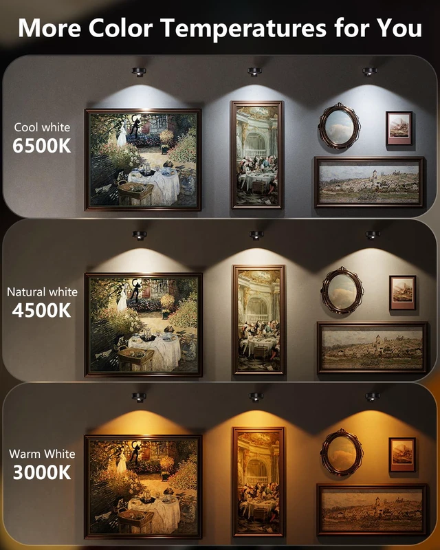 Alt view image 4 of 7 - 3.3" Picture Lights for Wall Spotlight, 2000mAh Rechargeable, 3Pack, Black RGB & 3-Color-TempRemote & Touch ControlMagnetic Lights for Photo FramesWireless Art Painting LightingBattery Operated