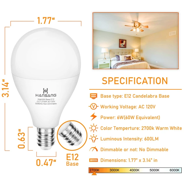 Alt view image 2 of 7 - 8 Pack E12 LED Bulb 60W Equivalent Candelabra Light Bulbs 2700K Warm White Small Base Light Bulb, 6W A15 LED Ceiling Fan Light Bulbs, CRI85+, 120V 600LM Round Bulb for Chandelier, Non-Dimmable