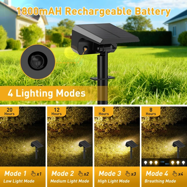 Alt view image 3 of 7 - Solar Spot Lights Outdoor, Landscape Spotlights, 4 Pack Warm White 100 LEDs, 4 Lighting Modes, IP65 Waterproof, 2-in-1 Solar Uplights for Yard Garden Pathway Driveway