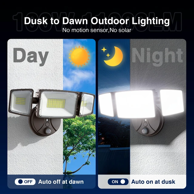 Alt view image 3 of 7 - 100w Dusk to Dawn Outdoor Lighting,11000LM Led Outdoor Light from Dusk Till Dawn,Super Bright Flood Light,IP66 Waterproof Exterior Security Brown Light Fixture,3 Heads Photocell for Garage,Yard