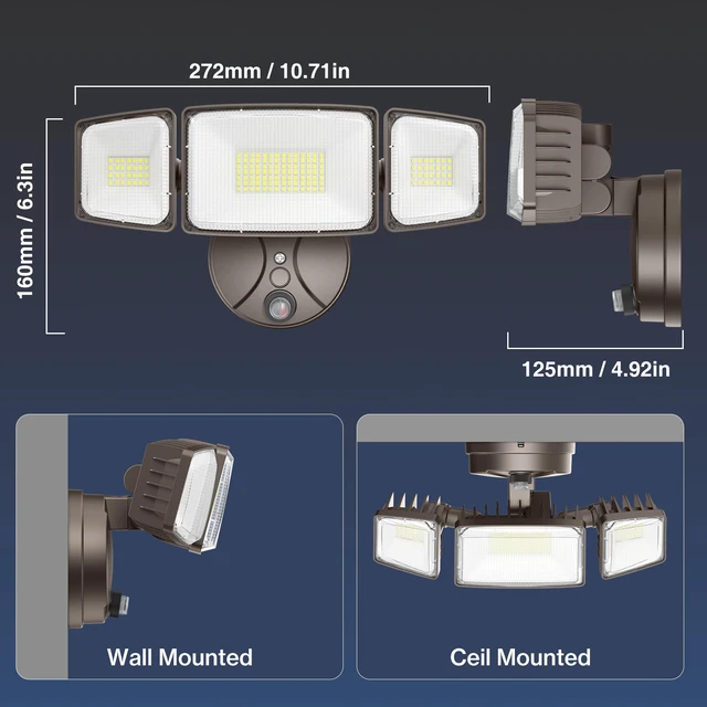 Alt view image 6 of 7 - 100w Dusk to Dawn Outdoor Lighting,11000LM Led Outdoor Light from Dusk Till Dawn,Super Bright Flood Light,IP66 Waterproof Exterior Security Brown Light Fixture,3 Heads Photocell for Garage,Yard