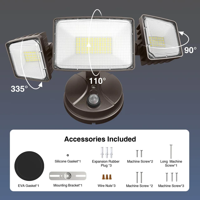 Alt view image 7 of 7 - 100w Dusk to Dawn Outdoor Lighting,11000LM Led Outdoor Light from Dusk Till Dawn,Super Bright Flood Light,IP66 Waterproof Exterior Security Brown Light Fixture,3 Heads Photocell for Garage,Yard