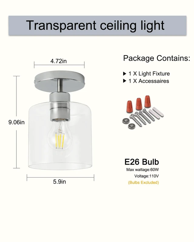 Alt view image 6 of 7 - Chrome Semi Flush Mount Ceiling Light,Modern Farmhouse Ceiling Light Fixture for Closet Entryway,Hallway Light Fixture 5.9in Clear Glass Shade 1 Pack