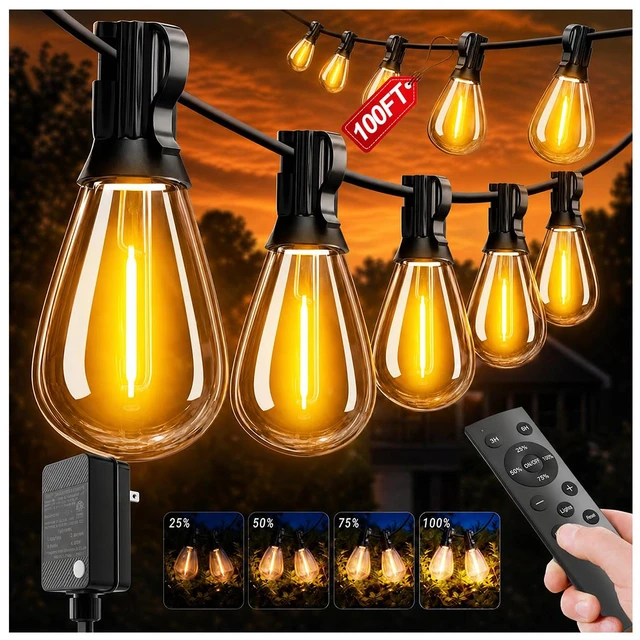 Main image of 100FT LED Outdoor String Lighats with Remote Waterproof Patio Lights with Shatterproof S11 Bulbs, Dimmable Outside Hanging Light Connectable for Porch Backyard Yard Garden Decor 2700K