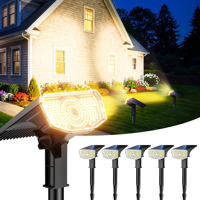 Main image of Solar Spot Lights Outdoor Waterproof IP65, 100 LED Solar Lights Outdoor Super Bright Solar Spotlights 3000K&2 Lighting Modes, 2-in-1 Ground Spike & Wall Mount Solar Landscape Spotlights for Yard