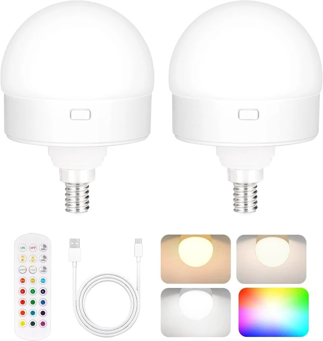 Main image of 2-Pack E12 Rechargeable Battery Operated Light Bulb with Remote, Dimmable LED Bulb with 15 Colors Selectable & 3 Timer, Wireless Detachable Puck Light Bulb for Wall Sconce, Non-Hardwired