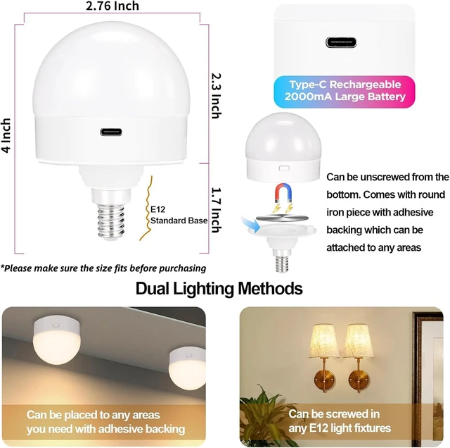 Alt view image 4 of 7 - 2-Pack E12 Rechargeable Battery Operated Light Bulb with Remote, Dimmable LED Bulb with 15 Colors Selectable & 3 Timer, Wireless Detachable Puck Light Bulb for Wall Sconce, Non-Hardwired