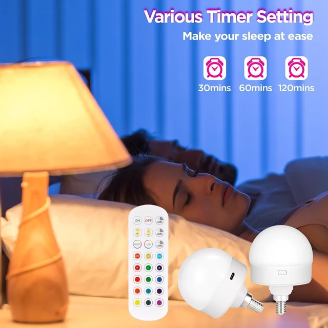 Alt view image 6 of 7 - 2-Pack E12 Rechargeable Battery Operated Light Bulb with Remote, Dimmable LED Bulb with 15 Colors Selectable & 3 Timer, Wireless Detachable Puck Light Bulb for Wall Sconce, Non-Hardwired
