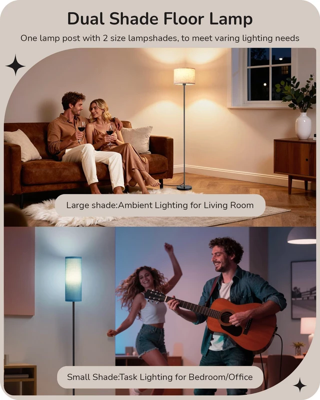 Alt view image 2 of 7 - 2 Lampshades Modern Floor Lamps for Living Room Blue 63.7", Remote Control, Foot Switch, 2700-6000K Dimmable, 9W Bulb Included, Minimalist Standing Lamp for Bedroom, Office