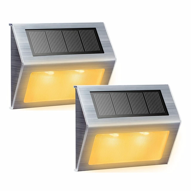 Main image of Warm White Solar Lights for Deck Step Fence Post, SST Housing, 2 Pack Soft warm non-glare LED, sturdy stainless steel casing, outdoor use, Rainproof, Automatic ON/OFF, not excessively bright