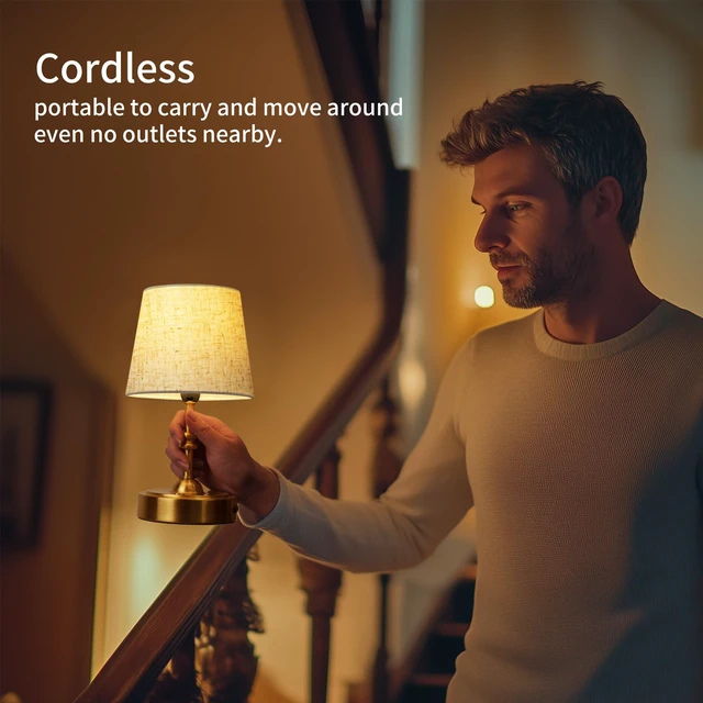 Alt view image 2 of 7 - Small Cordless Lamp, Battery Operated Table lamp Dimmable, 4000mAh Rechargeable, Touch Bedside Lamp with Beige Linen Fabric Shade, 2700K Bulb Included, for Dining, Patio, Bathroom(Gold)