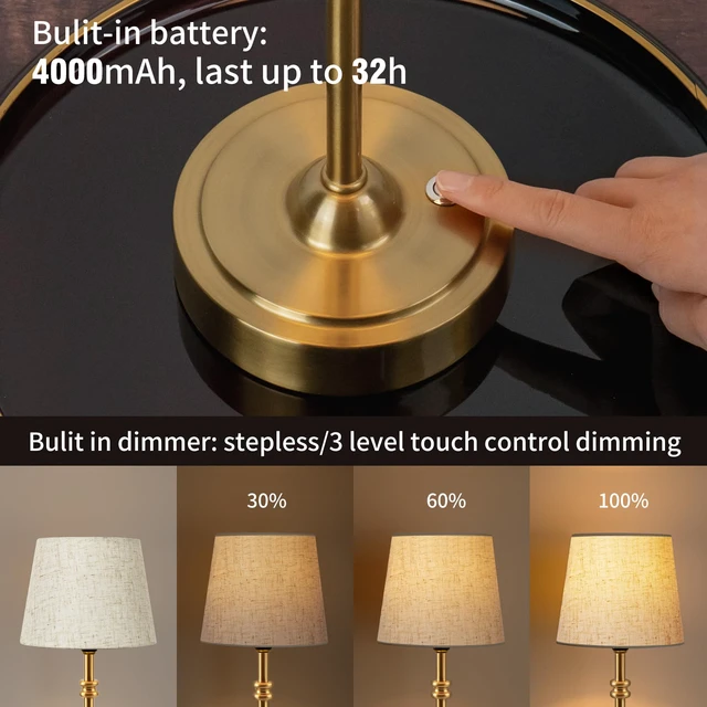 Alt view image 3 of 7 - Small Cordless Lamp, Battery Operated Table lamp Dimmable, 4000mAh Rechargeable, Touch Bedside Lamp with Beige Linen Fabric Shade, 2700K Bulb Included, for Dining, Patio, Bathroom(Gold)