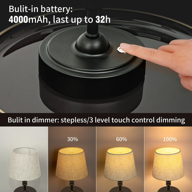 Alt view image 3 of 7 - Small Cordless Lamp, Battery Operated Table lamp Dimmable, 4000mAh Rechargeable, Touch Bedside Lamp with Beige Linen Shade, 2700K Bulb Included, for Dining, Patio, Bathroom(Black)