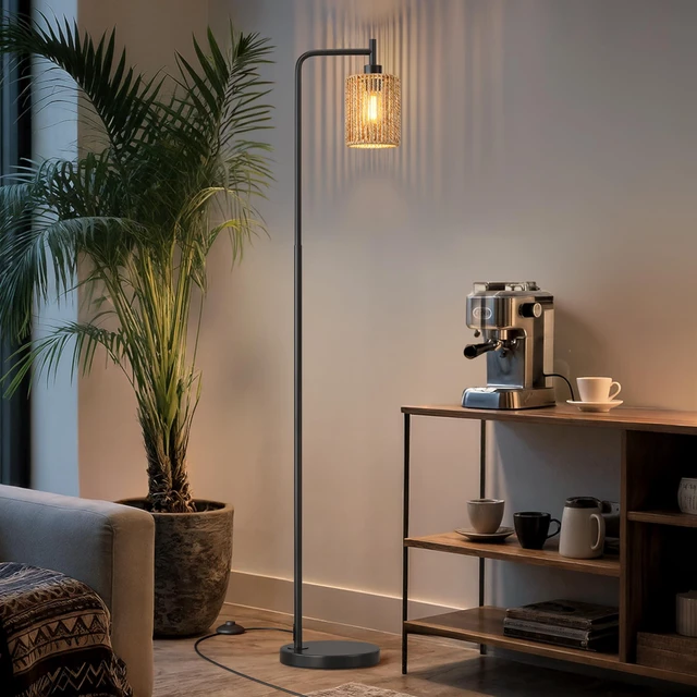 Alt view image 2 of 7 - 66" Black Floor Lamp for Living Room, Boho Floor Lamp with LED Bulb, Rattan Shade, Foot Switch, Industrial Tall Standing Lamp for Bedroom, Dining Room, Study Room, Office