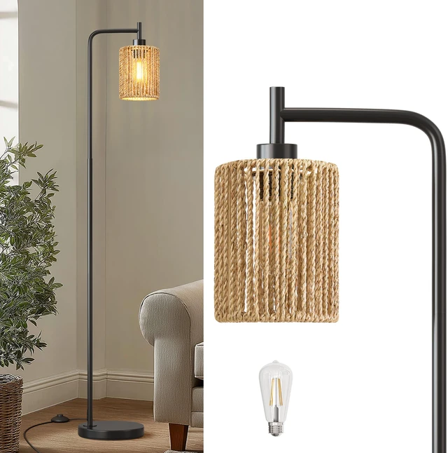 Main image of 66" Black Floor Lamp for Living Room, Boho Floor Lamp with LED Bulb, Rattan Shade, Foot Switch, Industrial Tall Standing Lamp for Bedroom, Dining Room, Study Room, Office