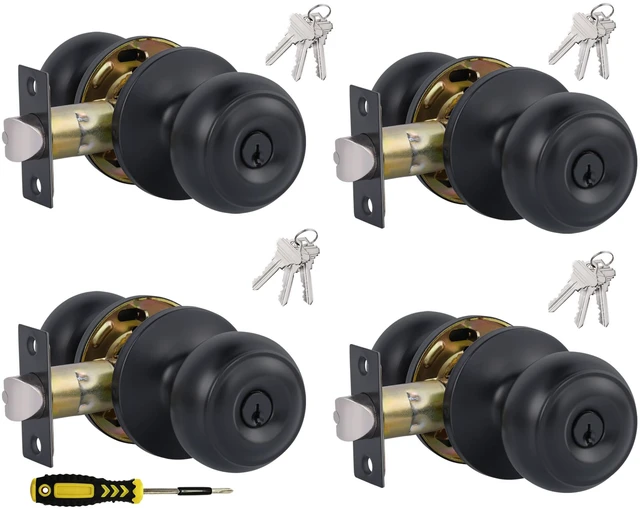 Main image of (4 Pack) Entry Door Knobs with Lock and Keyed Alike, Interior/Exterior Flat Ball Door Locks for Bedroom/Bathroom/Front/Offic Doors, Matte Black Finish