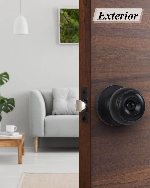 Alt view image 3 of 7 - (4 Pack) Entry Door Knobs with Lock and Keyed Alike, Interior/Exterior Flat Ball Door Locks for Bedroom/Bathroom/Front/Offic Doors, Matte Black Finish