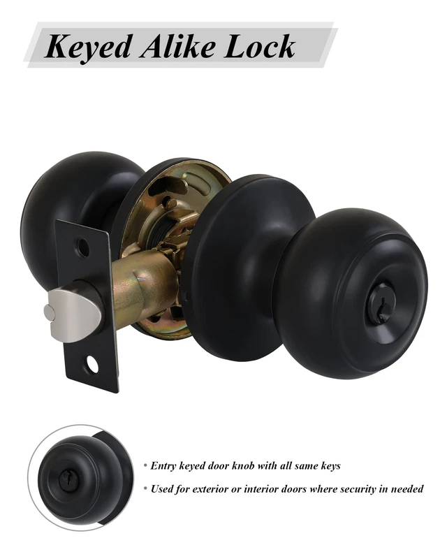 Alt view image 5 of 7 - (4 Pack) Entry Door Knobs with Lock and Keyed Alike, Interior/Exterior Flat Ball Door Locks for Bedroom/Bathroom/Front/Offic Doors, Matte Black Finish