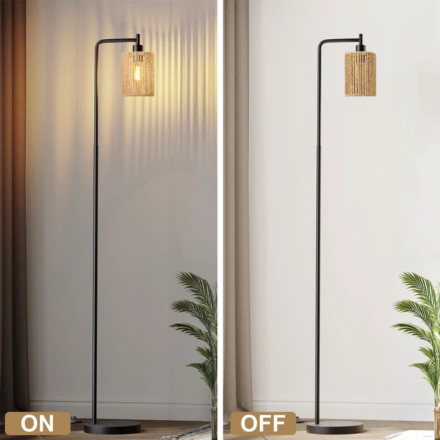 Alt view image 7 of 7 - 66" Black Floor Lamp for Living Room, Boho Floor Lamp with LED Bulb, Rattan Shade, Foot Switch, Industrial Tall Standing Lamp for Bedroom, Dining Room, Study Room, Office