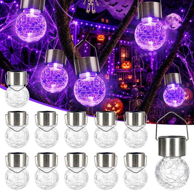 Main image of Halloween Solar Lights Outdoor Solar Hanging Lanterns Outside 12PC Purple, Halloween Tree Decoration, Solar Powered, Waterproof, Crackle Glass, Graden Decor, Gifts for Women, Ornaments