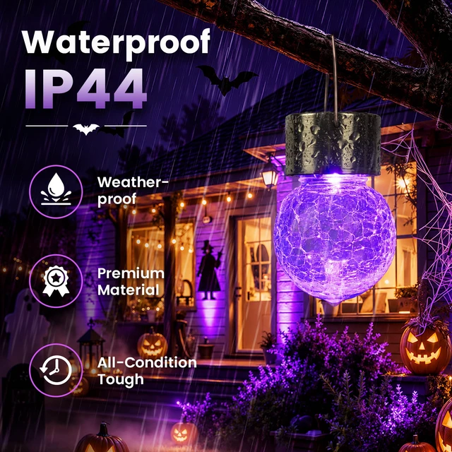 Alt view image 2 of 7 - Halloween Solar Lights Outdoor Solar Hanging Lanterns Outside 12PC Purple, Halloween Tree Decoration, Solar Powered, Waterproof, Crackle Glass, Graden Decor, Gifts for Women, Ornaments
