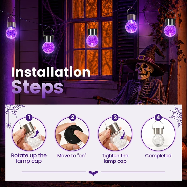 Alt view image 3 of 7 - Halloween Solar Lights Outdoor Solar Hanging Lanterns Outside 12PC Purple, Halloween Tree Decoration, Solar Powered, Waterproof, Crackle Glass, Graden Decor, Gifts for Women, Ornaments