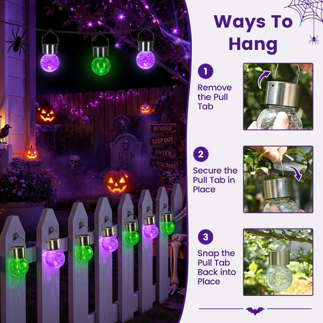 Alt view image 4 of 7 - Halloween Solar Lights Outdoor Solar Hanging Lanterns Outside 12PC Purple, Halloween Tree Decoration, Solar Powered, Waterproof, Crackle Glass, Graden Decor, Gifts for Women, Ornaments