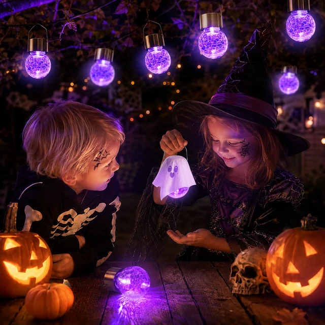 Alt view image 5 of 7 - Halloween Solar Lights Outdoor Solar Hanging Lanterns Outside 12PC Purple, Halloween Tree Decoration, Solar Powered, Waterproof, Crackle Glass, Graden Decor, Gifts for Women, Ornaments