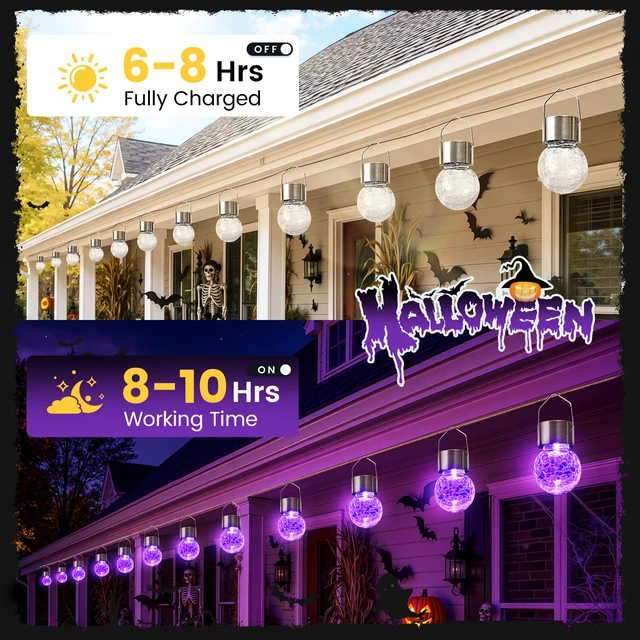 Alt view image 6 of 7 - Halloween Solar Lights Outdoor Solar Hanging Lanterns Outside 12PC Purple, Halloween Tree Decoration, Solar Powered, Waterproof, Crackle Glass, Graden Decor, Gifts for Women, Ornaments