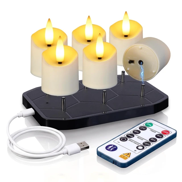 Main image of 6 Pack Rechargeable Tea Light Candles with Remote, 2/4/6/8H Timer With 6-slot charging base, matched remote supports timer, dimmable brightness, flicker & steady light modes for home decor