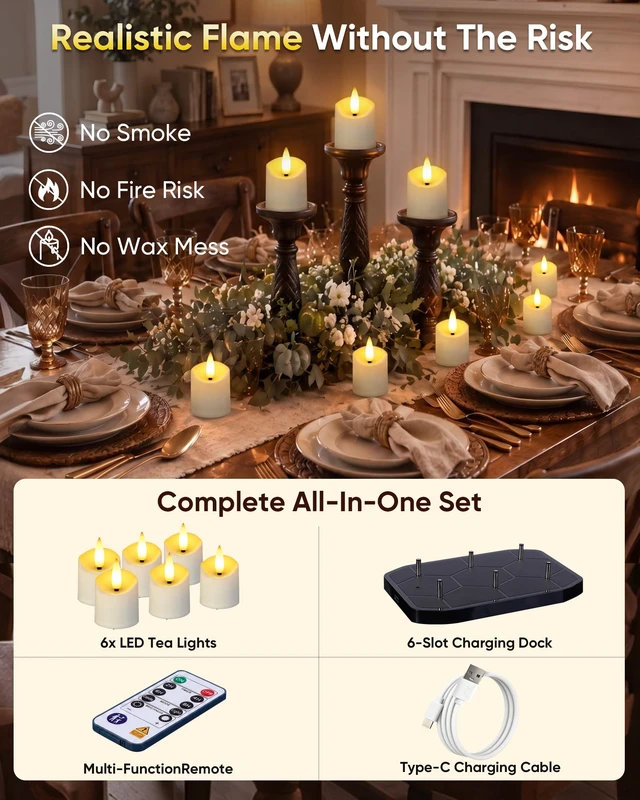 Alt view image 4 of 7 - 6 Pack Rechargeable Tea Light Candles with Remote, 2/4/6/8H Timer With 6-slot charging base, matched remote supports timer, dimmable brightness, flicker & steady light modes for home decor