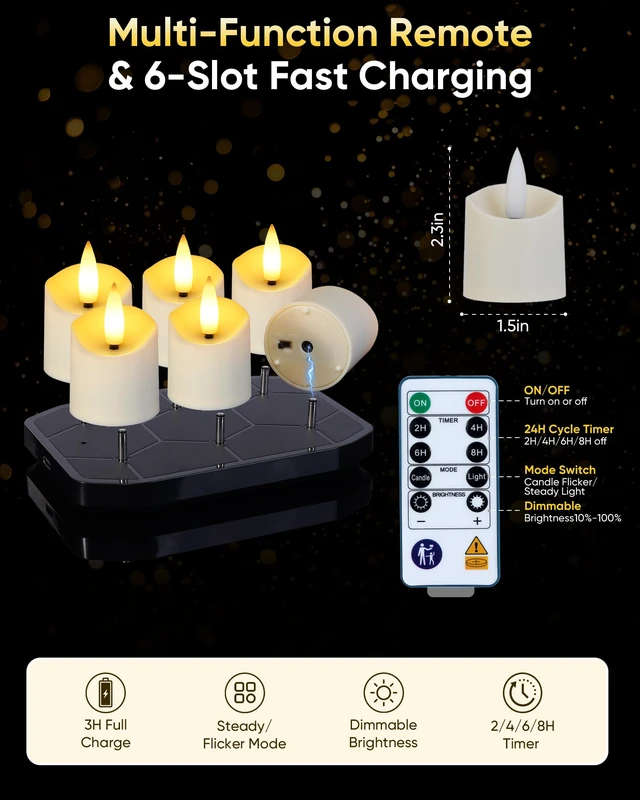 Alt view image 5 of 7 - 6 Pack Rechargeable Tea Light Candles with Remote, 2/4/6/8H Timer With 6-slot charging base, matched remote supports timer, dimmable brightness, flicker & steady light modes for home decor